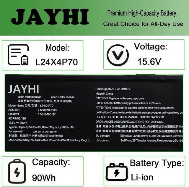 Alt view image 3 of 5 - JAYHI L24X4P70 90Wh 5770mAh Laptop Battery SB11M89938 5B11M90137 15.6V