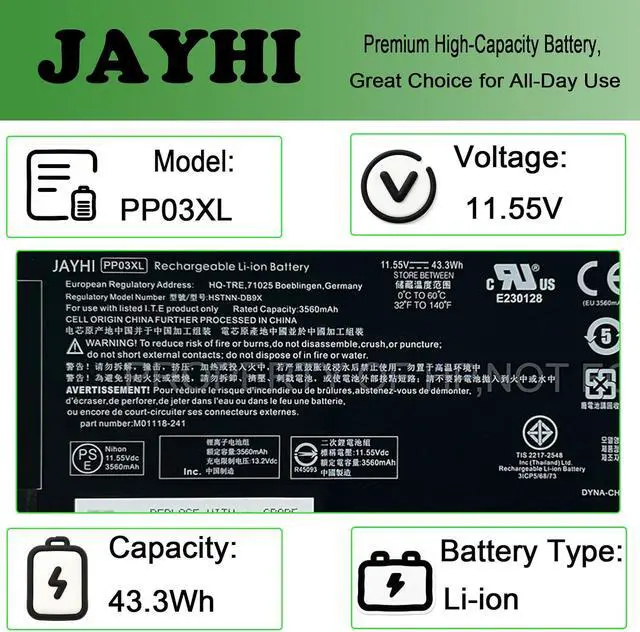 Alt view image 3 of 7 - JAYHI PP03XL 43.3Wh 3560mAh Laptop Battery HSTNN-DB9X PVO3XL HSTNN-LB8S