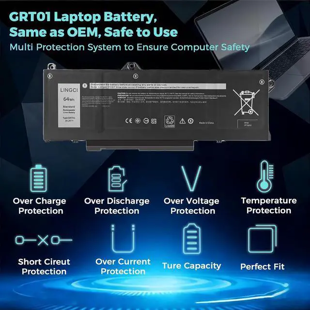 Alt view image 3 of 7 - GRT01 Battery Replacement for Dell Latitude 5421 5431 5521 5531 Precision 3470 3561 3571 3581 3591 Mobile Workstation Alienware m17 R5 AMD Gaming 00P3TJ 0P3TJ 0R05P0 05RGW 64Wh 15.2V