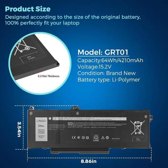 Alt view image 5 of 7 - GRT01 Battery Replacement for Dell Latitude 5421 5431 5521 5531 Precision 3470 3561 3571 3581 3591 Mobile Workstation Alienware m17 R5 AMD Gaming 00P3TJ 0P3TJ 0R05P0 05RGW 64Wh 15.2V