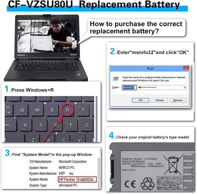 Alt view image 6 of 7 - CF-C2 CF-VZSU80U Laptop Battery Compatible with P-anas Toughbook CF-C2 CF-C2AECCHCE Tablet PC CFC2 Notebook PGYK5 CF-VZSU82U CF-VZSU83U VZSU80U Toughbook 10.8V 70Wh 6800mAh 6Cell