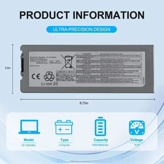 Alt view image 3 of 7 - CF-C2 CF-VZSU80U Laptop Battery Compatible with P-anas Toughbook CF-C2 CF-C2AECCHCE Tablet PC CFC2 Notebook PGYK5 CF-VZSU82U CF-VZSU83U VZSU80U Toughbook 10.8V 70Wh 6800mAh 6Cell