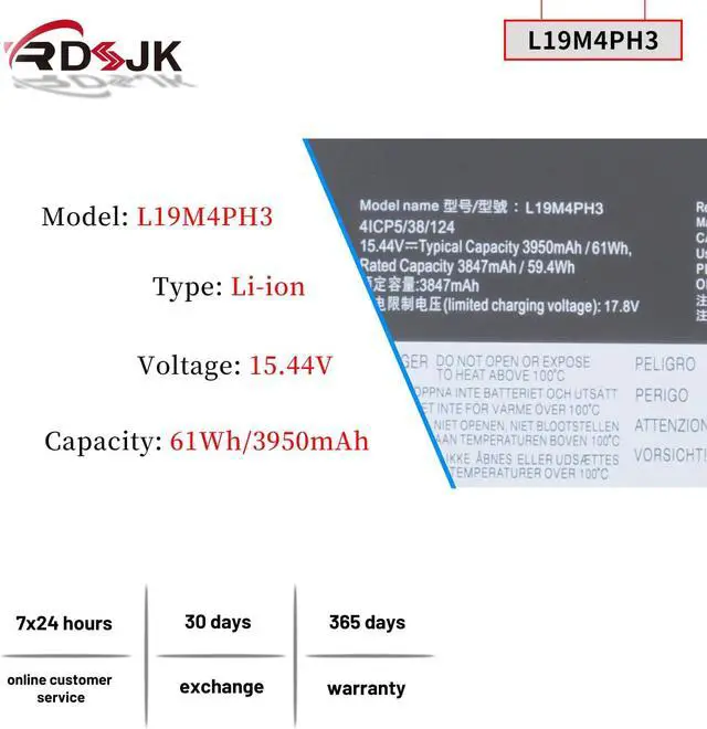 Alt view image 2 of 7 - L19M4PH3 L19D4PH3 L19C4PH3 Laptop Battery for Lenovo Ideapad Yoga Slim 7 Pro-14ARH5 Pro-14ITL5 Pro-14IHU5 Pro-14ACH5 Pro-14IAP7 Series 5B10Z49514 SB10Z49515 SB10Z49516 SB10Z49517 15.44V 61Wh 3950mAh