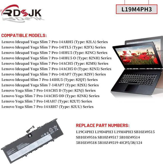 Alt view image 3 of 7 - L19M4PH3 L19D4PH3 L19C4PH3 Laptop Battery for Lenovo Ideapad Yoga Slim 7 Pro-14ARH5 Pro-14ITL5 Pro-14IHU5 Pro-14ACH5 Pro-14IAP7 Series 5B10Z49514 SB10Z49515 SB10Z49516 SB10Z49517 15.44V 61Wh 3950mAh