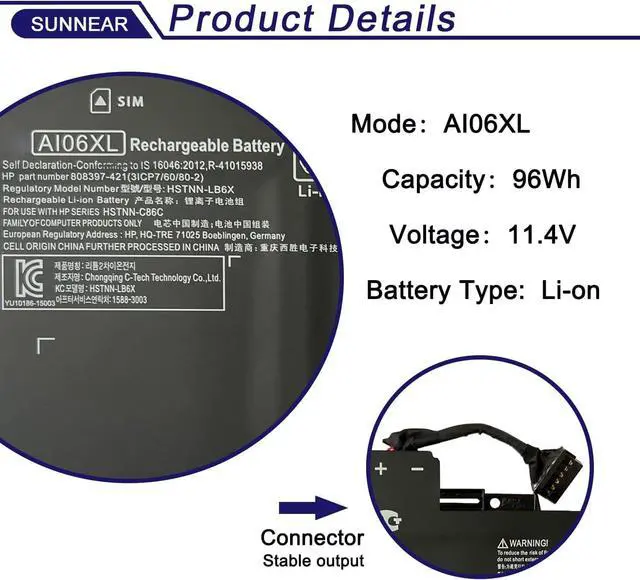 Alt view image 2 of 6 - 11.4V AI06XL Laptop Battery Compatible with HP ZBook 17 G3 Series Notebook HSTNN-LB6X HSTNN-C86C 808397-421 808451-001 808451-002 AIO6XL AI06096XL T7V67EA V1Q04UT 96Wh 8420mAh 6-Cell