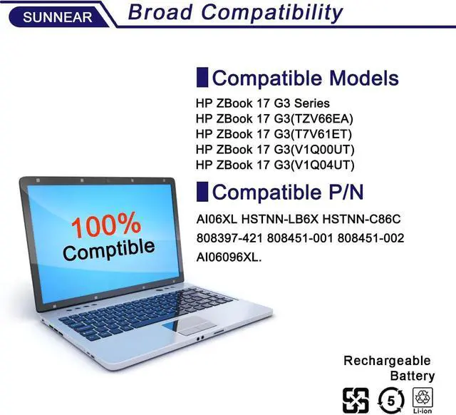 Alt view image 5 of 6 - 11.4V AI06XL Laptop Battery Compatible with HP ZBook 17 G3 Series Notebook HSTNN-LB6X HSTNN-C86C 808397-421 808451-001 808451-002 AIO6XL AI06096XL T7V67EA V1Q04UT 96Wh 8420mAh 6-Cell