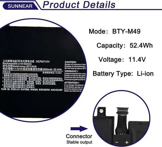 Alt view image 2 of 6 - BTY-M49 Laptop Battery for MSI Prestige 14 A10SC-009 i7-10710U Series Notebook 11.4V 52.4Wh 4600mA