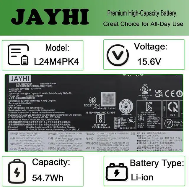 Alt view image 4 of 6 - JAYHI L24M4PK4 54.7Wh 3510mAhLaptop Battery L24D4PK4 L24C4PK1 15.6V