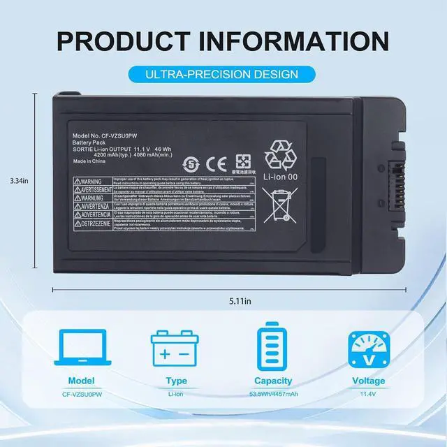 Alt view image 3 of 7 - CF-VZSU0PW CF-VZSU0PR Laptop Battery Replacement for PANASONIC TOUGHBOOK CF54 CF-54 Mk1 Series 54 Gloved Multi Touch, 54 Lite, 54 Performance, 54 Prime 46Wh 4200mAh Notebook Batteria