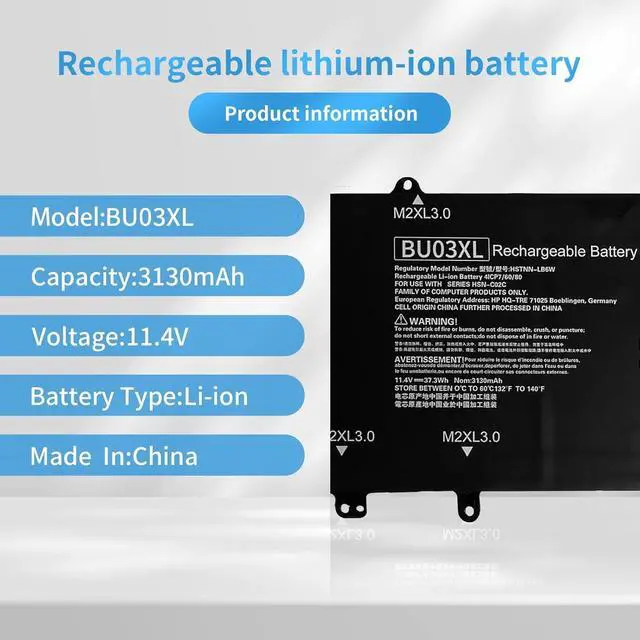Alt view image 2 of 6 - BU03XL Replacement Battery for HP Chromebook 14-AK/14 G4/816498-1B1/816609-005/HSTNN-IB7F/TPN-Q16711.4 V 37.3 Wh