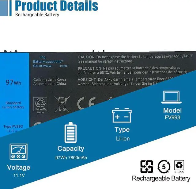 Alt view image 2 of 6 - FV993 Laptop Battery Replacement for Dell Precision M4600 M4700 M6600 M6700 M6800 FJJ4W 0TN1K5 K4RDX JHYP2 Series 11.1V 97Wh 7800mAh