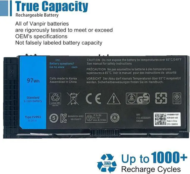 Alt view image 5 of 6 - FV993 Laptop Battery Replacement for Dell Precision M4600 M4700 M6600 M6700 M6800 FJJ4W 0TN1K5 K4RDX JHYP2 Series 11.1V 97Wh 7800mAh