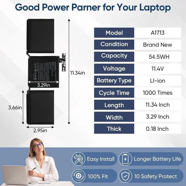 Alt view image 4 of 7 - A1713 A2171 Battery for MacBook Pro 13 Inch A1708 (Late 2016, Mid 2017)