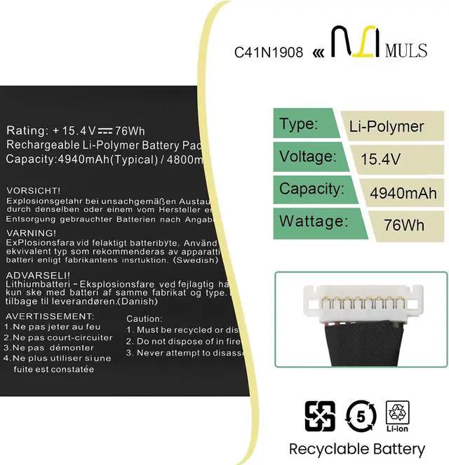 Alt view image 2 of 7 - MULS 76Wh C41N1908 Laptop Battery for Asus ROG Zephyrus G14 GA401 GA401II