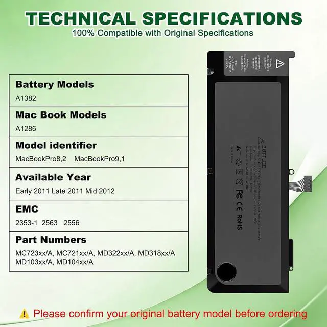 Alt view image 5 of 7 - A1382 A1286 Battery for 15 inch MacBook Pro 8,2 9,1 MacBook Pro Battery A1286 (Mid 2012 Early 2011 Late 2011)