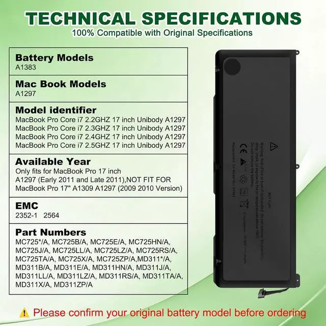 Alt view image 5 of 7 - A1383 A1297 Battery Replacement for MacBook Pro 17 inch A1297(Early 2011-Late 2011)