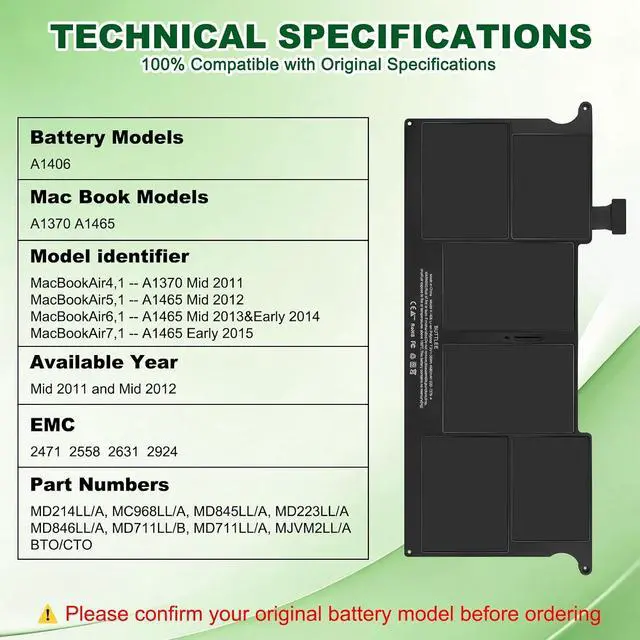 Alt view image 5 of 7 - A1465 A1406 Battery for MacBook Air 11 Inch,Mid 2011 Mid 2012 Mid 2013,Early 2014,Early 2015,Model A1370 A1495