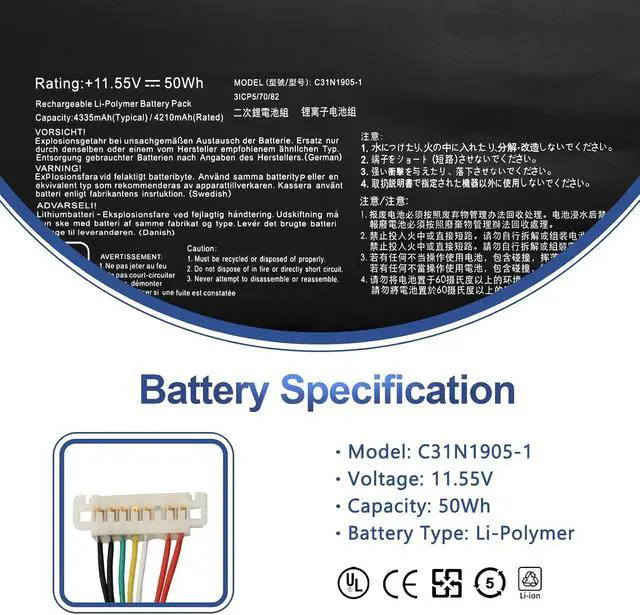 Alt view image 2 of 7 - ANTIEE C31N1905-1 Laptop Battery Replacement for Asus VivoBook D1505YA F1704ZA K1703ZA K1703ZA K3504ZA M1505YA M1605XA M3504YA M3704YA N3704YA N3504ZA P1704ZA Series 31CP5/70/82 11.55V 50Wh 4335mAh