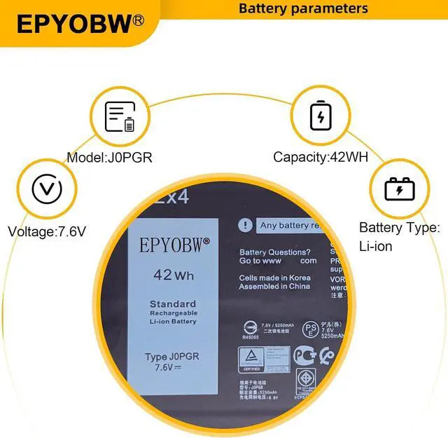 Alt view image 3 of 6 - J0PGR Laptop Battery 42Wh Compatible with Dell Latitude 12 5285 2-in-1 / Dell Latitude 12 5290 2-in-1 Series 1WND8 JOPGR 0RDYCT RDYCT X16TW FTH6F 0X16TW 0FTH6F