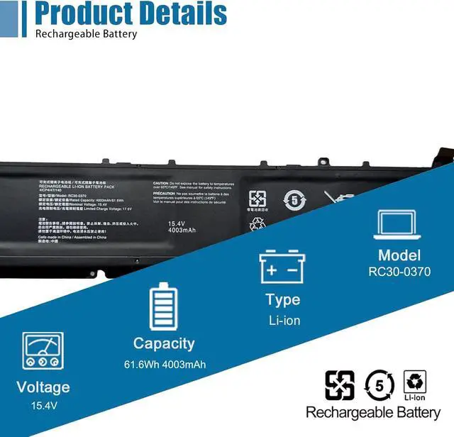 Alt view image 2 of 6 - RC30-0370 Laptop Battery Replacement for Razer Blade 14 2021 2022 RZ09-0370 RZ09-0368(0427) RZ09-0370AE23 RZ09-0370CEA3-R3U1 RZ09-0370BEA3-R3U1 RZ09-0427PEA3 Series 15.4V 61.6Wh 4003mAh