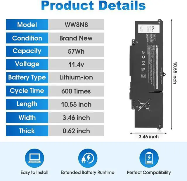 Alt view image 3 of 7 - 57Wh 66DWX WW8N8 Battery Dell Latitude 7340 7350 7440 7450 7640 7650