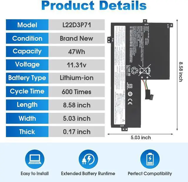 Alt view image 3 of 6 - 47Wh L22M3P71 L22C3P71 Battery Replacement for Lenovo 100w 300w 500w