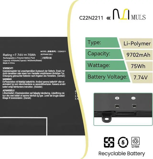 Alt view image 2 of 7 - MULS C22N2211 Laptop Battery for Asus Zenbook 14 OLED UX3405ZA UX3405VA
