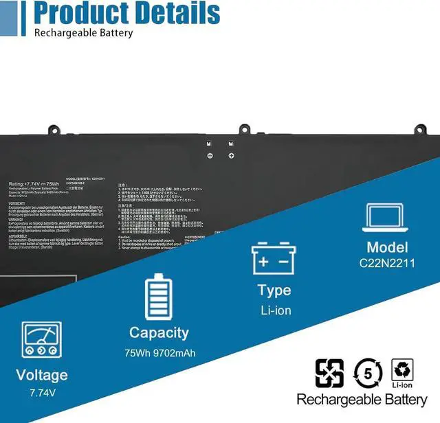 Alt view image 2 of 6 - C22N2211 Laptop Battery Replacement for Asus Zenbook 14 OLED UX3405MA UX3405VA UX3405ZA Series 0B200-04400000 7.74V 75Wh 9702mAh