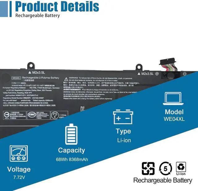 Alt view image 2 of 6 - WE04XL Laptop Battery Replacement for HP Spectre X360 14-EU 2-in-1 Envy X360 16-AC 16-AD 2-in-1 Pavilion Plus 16-AB 16T-AB Pavilion Plus 14-EW 14-EY Series HSTNN-WB0F 7.72V 68Wh 8368mAh