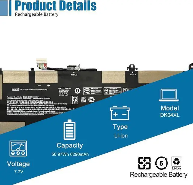 Alt view image 2 of 6 - DK04XL Laptop Battery Replacement for HP Chromebook x360 13c 13.5" Elite C1030 Chromebook Enterprise Series HSTNN-DB9W L93531-2C1 7.7 V 50.97Wh 6290mAh