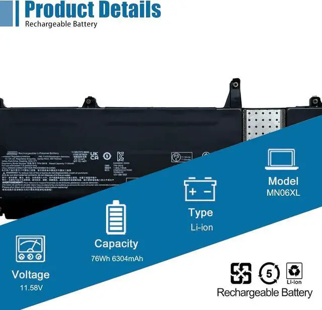 Alt view image 2 of 6 - MN06XL Laptop Battery Replacement for HP ZBook Studio 16 G9 ZBook Studio 16 G10 Series Notebook M82230-005 M82220-1C1 M82220-2C1 TPN-DB1B 11.58V 76Wh 6304mAh