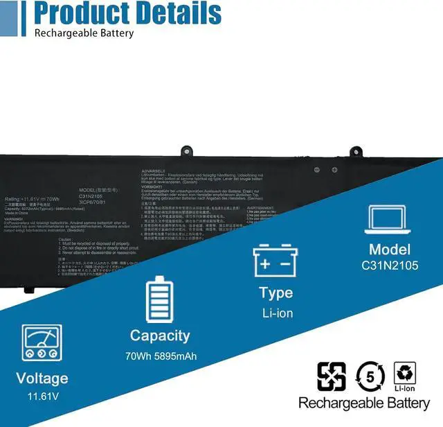 Alt view image 3 of 7 - C31N2105 Laptop Battery Replacement for ASUS VivoBook OLED M1503QA M1403QA M3402QA M3402RA M3502QA K3402ZA K3502ZA S3502ZA Series 0B200-04140000 11.61V 70Wh 5895mAh