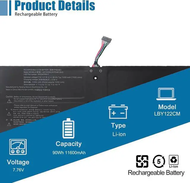 Alt view image 2 of 6 - LBY122CM Laptop Battery Replacement for LG Gram 16Z90R Series EAC64798311 7.76V 90Wh 11600mAh