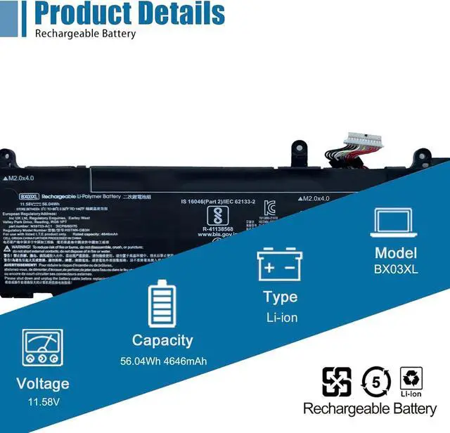 Alt view image 2 of 6 - BX03XL Laptop Battery Replacement for HP EliteBook 830 835 840 845 860 865 G11 ZBook Firefly 14 16 G11 Series BX03056XL HSTNN-OB3H N59733-AC1 N59787-005 TPN-IB0Y 11.58V 56.04Wh 4646mAh