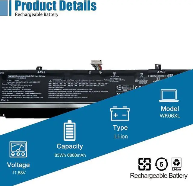 Alt view image 2 of 6 - WK06XL Laptop Battery Replacement for HP Omen 16-b0000 16-b0000TX 16-C0000 Omen 7 Plus 17-ck0000 17T-17T-CK100 CTO Series HSTNN-WB0C HSTNN-OB2I M41640-CD1 11.58V 83Wh 6880mAh
