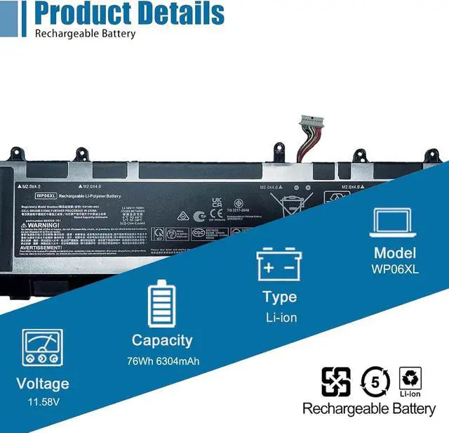 Alt view image 2 of 6 - WP06XL Laptop Battery Replacement for HP EliteBook 860 865 G9 860 865 G10 ZBook Firefly 16 G9 G10 EliteBook 865 G11 Series M73470-005 HSTNN-IB9Z M64306-1C1 11.58V 76Wh 6304mAh