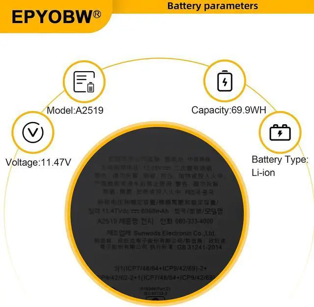Alt view image 3 of 6 - A2519 Laptop Battery 69.6Wh Compatible with MacBook Pro 14-Inch 3.2 GHz M1 Max A2442 / M1 Pro 2021 A2442 EMC 3650 / MKGR3LL/A* / M1 Pro 10 CPU 16 GPU Series