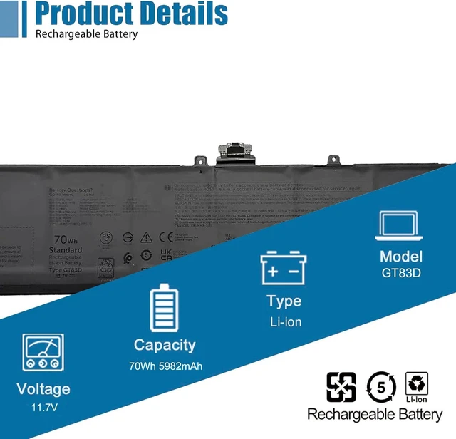 Alt view image 2 of 6 - GT83D Laptop Battery Replacement for Dell XPS 14 9440 XPS9440-7134SLV-PUS Series 7T7DY N80X2 11.7V 70Wh 5982mAh