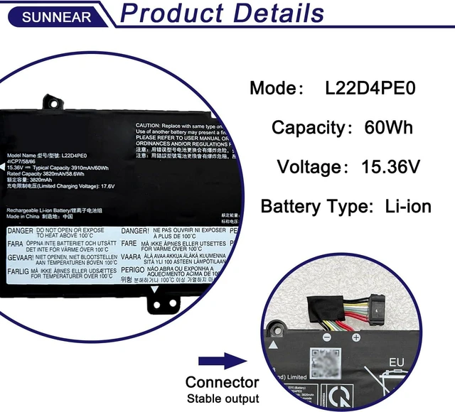 Alt view image 2 of 6 - 60Wh L22D4PE0 Laptop Battery for Lenovo ThinkBook 14 G6 ABP IRL K14 G2 IRU Series L22B4PE0 L22M4PE0 SB11N47444 5B11N47434 SB11L67325 5B11L67329 SB11L67319 5B11L67335 15.36V 3910mAh