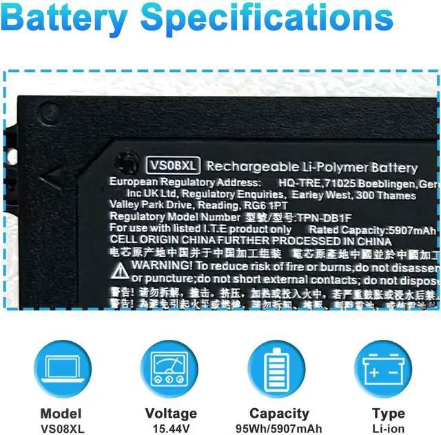 Alt view image 2 of 7 - 95Wh VS08XL M86087-005 Laptop Battery Replacement for HP ZBook Fury 16 G9, ZBook Fury 16 G10, ZBook Fury 16 G11 Mobile Workstation Series M85951-171 M85951-271 M86087-001 5907mAh