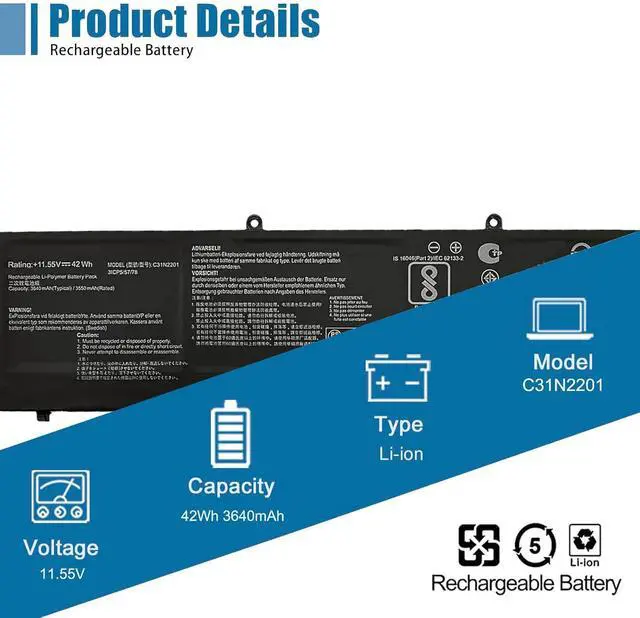Alt view image 2 of 6 - C31N2201 Laptop Battery Replacement for Asus Vivobook 15 X1504 F1504 E1504 S1504 16inch OLED X1605 F1605 M1605 Series M322-253H M242-042O 0B200-04260000 11.55V 42Wh 3640mAh