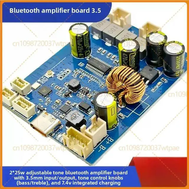 Alt view image 4 of 6 - For 2*25W Bluetooth Amplifier Board DS4702 7.4V Built-in Charging 3.5mm Audio Input Output Treble Bass Adjustment