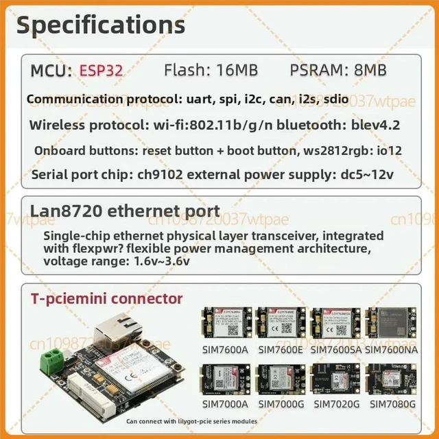 Alt view image 6 of 6 - For LILYGO TTGO TInternetCOM ESP32 LAN8720 Development Board for TPCIE SIMCOM Module