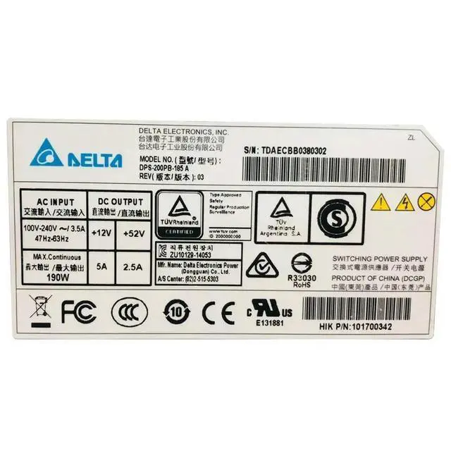 Alt view image 3 of 3 - 190W 100-240V Power Supply For Delta DPS-200PB-185 A GOQD1325000802 3.5A 47-63HZ DC +52V 2.5A For POE DVR
