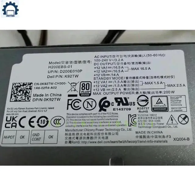 Alt view image 2 of 3 - For Optiplex 3080 5080 7080 5090 7090 SFF 200W Power Supply PSU H200EBS-01 L200EBS-01 H200EPS-01 0K92TW 05TVM5 052C2P