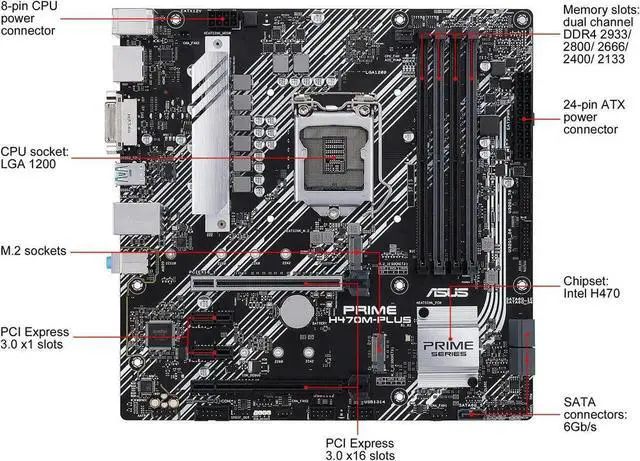 Alt view image 3 of 3 - PRIME H470M-PLUS Motherboard LGA 1200 Chipset H470 DDR4 128GB M.2 support Core i3-10105 i5-10400 i5-11500 i7-10700 i9-11900