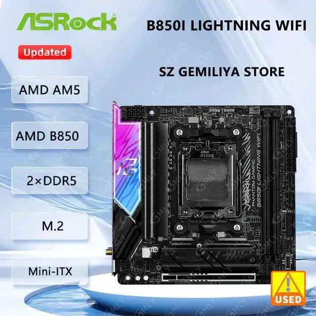 Main image of B850I Lightning 6E Mini ITX Motherboard Socket AM5 DDR5 128GB M.2 support Ryzen 8900 G9950 9600 9700X 7800X3D