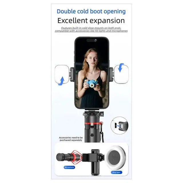Alt view image 3 of 3 - 3-N-1 Mini Selfie Stick Tripod Extendable Stand with BT Remote & Zoom Control for Phone Vlog Phone Stabilizer