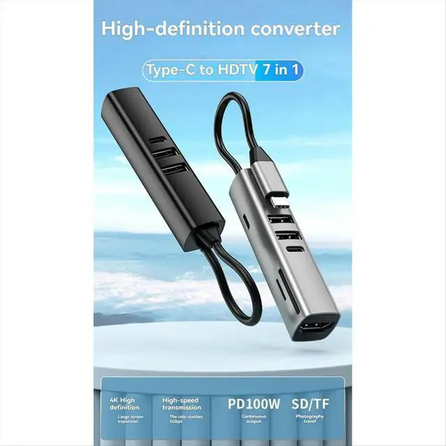 Alt view image 3 of 3 - 7 in 1 USB C HUB USB 3.0 HDTV 4K 30Hz Video SD TF Card Slot Reader Multi-Ports PD 100W Charging for PC/Laptops A