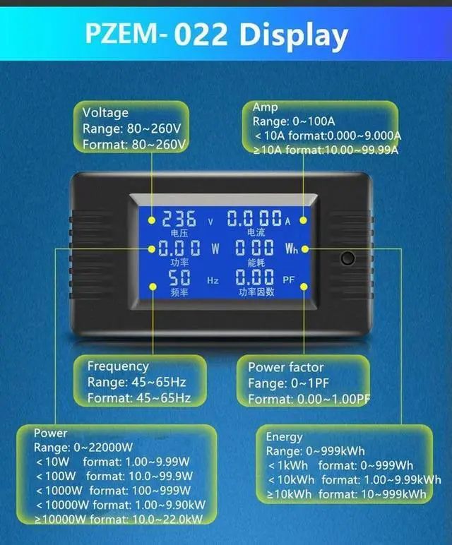 Alt view image 6 of 6 - AC 6in1 220V 80V~260V 100A Single Phase Digital Ampermeter Power Energy Voltmeter Ammeter Volt Watt Kwh Factor Meter Split CT